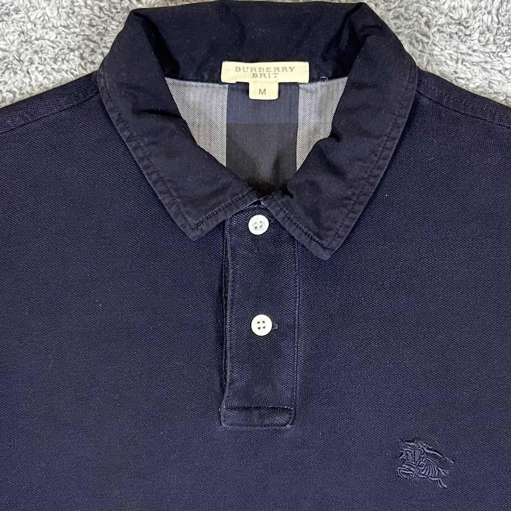 Burberry Brit Mens Navy Blue Cotton Pique Polo Shirt House Check Undercollar M